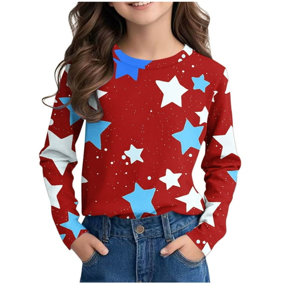 Girls T Shirts Cute Long Sleeve Crewneck Shirt Star Printed Lightweight Casual Pullover Tops Size 3-14