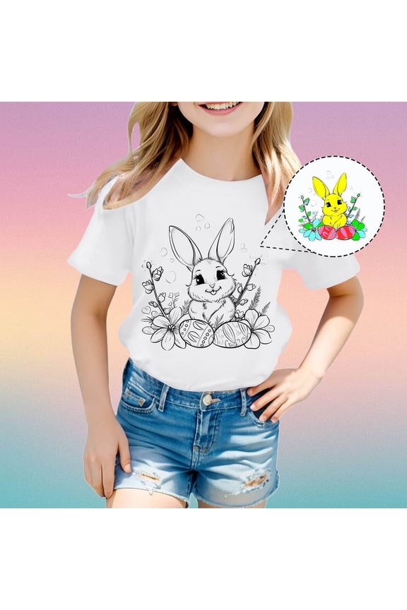 Girls T Shirts Diy Coloring Art Print Short Sleeve Round Neck Soft Top Girls Tops Hot Pink 3-4 Years
