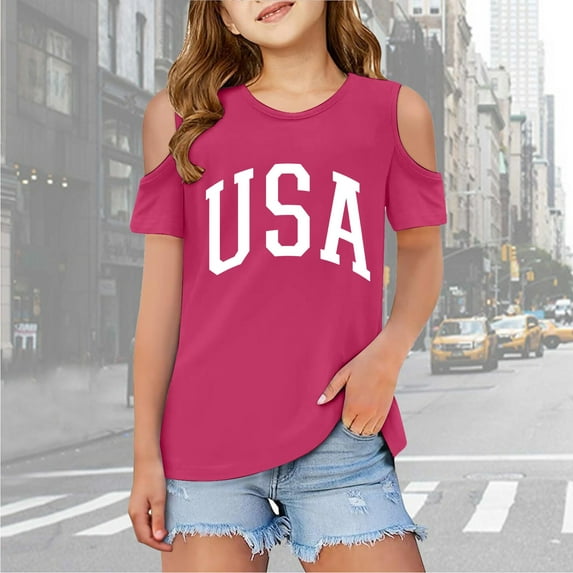 Girls Shirts Letter Print Short Sleeve Tshirts Cut-Out Design Casual Crewneck Basic Tees Tee Shirt for Girls 5-6 Years