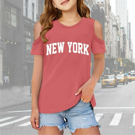Girls Tshirts Letter Print Short Sleeve T Shirts Cut-Out Design Crewneck Girls Blouse T-Shirts for Girls 7-8 Years