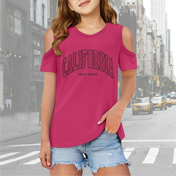 Girls T Shirts Graphic T Shirt Short Sleeve Shoulder Cut-Out Crewneck Undershirts Outfits for Girls 4-5 Years