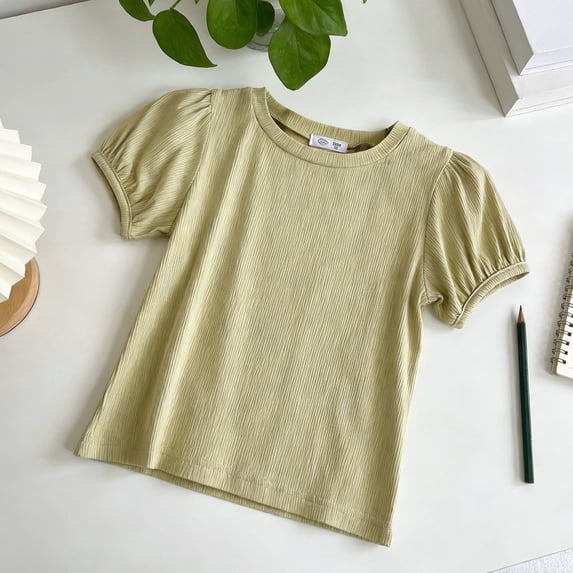 Girls T Shirts Green Puff Sleeve Shirt for Girls Casual Girls Summer Shirts 3-4 Years Girls Shirts