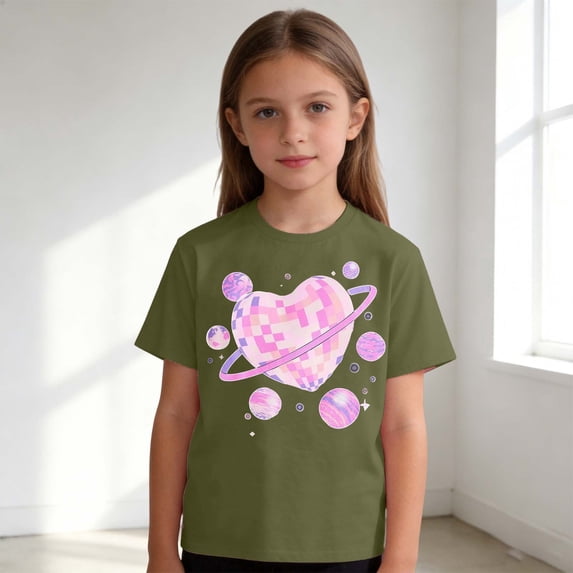 Girls T Shirts Heart Print Short Sleeve Crew Neck Tee for Casual Wear Girls Tops Army Green 3 Years-4 Years