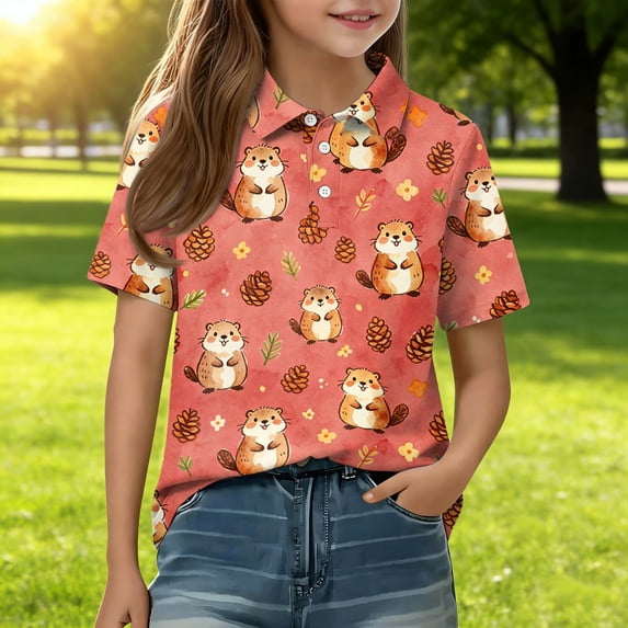 Girls T Shirts Henley Short Sleeve Cute Cartoon Animal Print Polo Shirts Button Closure Causal Comfy Back to School Uniform, 110