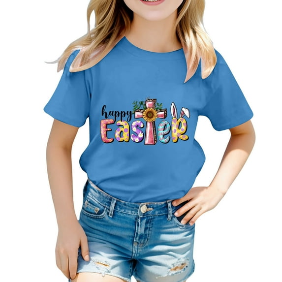 Girls T Shirts Kid Girls Easter Cute Graphic Round Neck Short Sleeve Tee Summer Casual T Shirt Summer Tops Blue 10 Years-11 Years