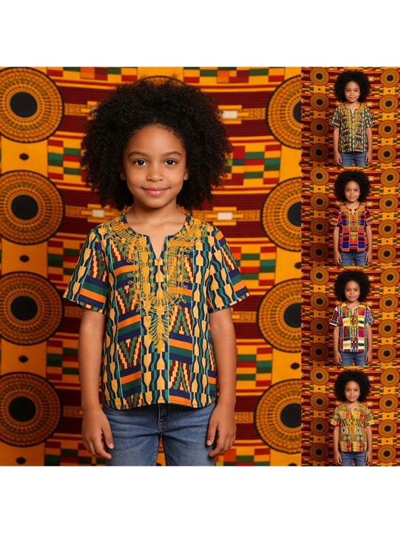 Girls T Shirts Kids African Dashiki Loose Casual Short Sleeve Shirt Girls Tops Blue 1-2 Years