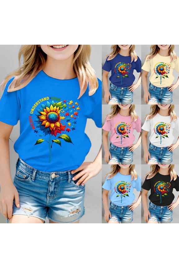 Girls T Shirts Kids Autism Awareness Day Short Sleeve Ribbed Blend Top Girls' Tops Beige 3-4 Years