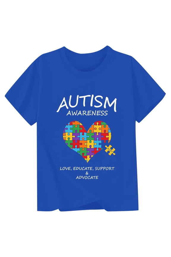 Girls T Shirts Kids Autism Awareness Letter Print Short Sleeve Round Neck T Shirt Top Girls Tops Blue 8-9 Years