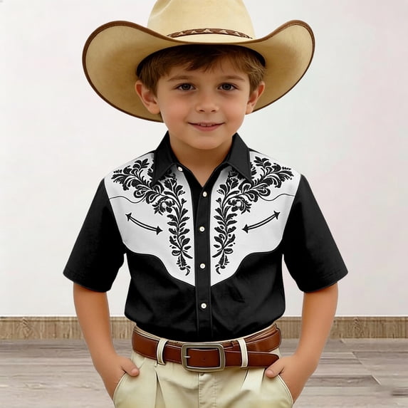 Girls T Shirts Kids Boys Denim Short Sleeve Western Print Button Down Shirt Girls Tops Black 3-4 Years