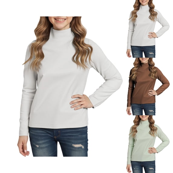 Girls T Shirts Kids Color Half Neck Pullover Lined Long Sleeve Base Layer Top Girls' Tops Green 5-6 Years