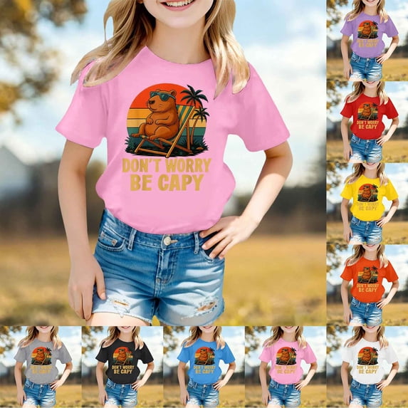 Girls T Shirts Kids Cute Capybara Graphic Tee Short Sleeve Round Neck Loose Fit Top Girls Tops Grey 6-7 Years