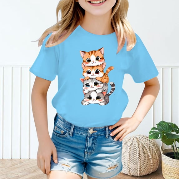 Girls T Shirts Kids Cute Graphic Round Neck Short Sleeve Tee Girls Clothes Blue 11-12 Years