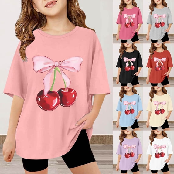 Girls T Shirts Kids Floral Cherry Print Short Sleeve Tee Round Neck Lightweight Summer Top Girls' Tops Light Purple 12-24 Months
