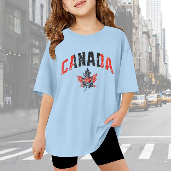 Girls T Shirts Kids Girls Canada Day Summer Breathable Soft Letter Prints Oversized Short Sleeve T Shirt Top Summer Tops Light Blue 9 Years-10 Years