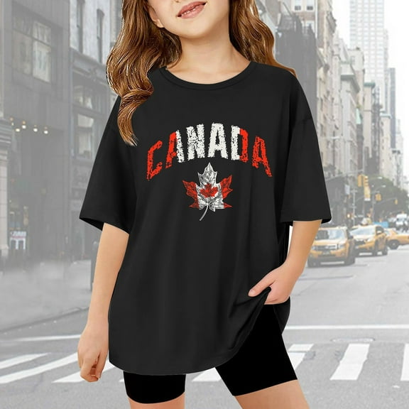 Girls T Shirts Kids Girls Canada Day Summer Breathable Soft Letter Prints Oversized Short Sleeve T Shirt Top Toddler T Shirts Black 3 Years-4 Years