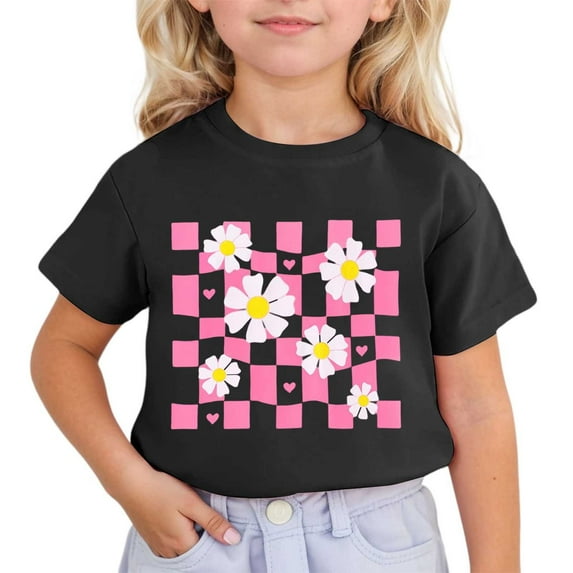 Girls T Shirts Kids Girls Summer Cute Flower Prints Short Sleeved Round Neck T Shirt Toddler Casual Breathable Tops Baby Boy Summer Clothes Black 3 Years-4 Years