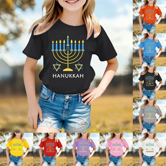 Girls T Shirts Kids Hanukkah Holiday Print Short Sleeve T Shirt Round Neck Loose Casual Top Girls Tops Black 3-4 Years