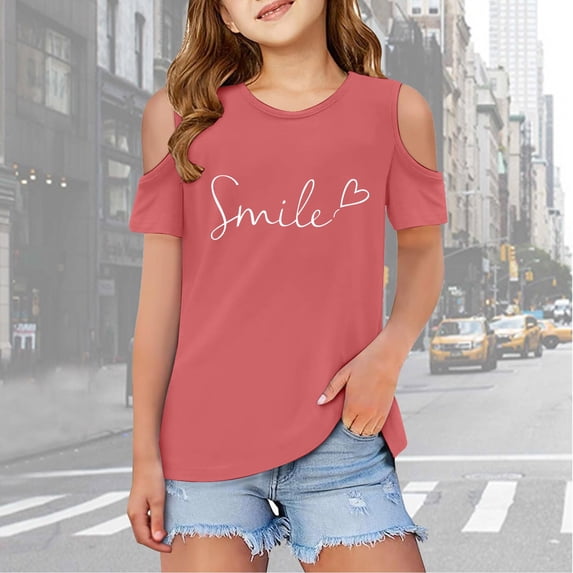 Girls T Shirts Graphic Letter Print Short Sleeve Tshirts Shoulder Cut-Out Casual Crewneck Basic Tees Girls Clothes Size 7-8 Years