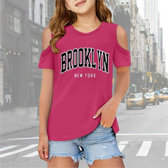Girls Tshirts Graphic T Shirt Short Sleeve Cut-Out Design Crewneck Girls Blouse Girls Summer Clothes Size 5-6 Years