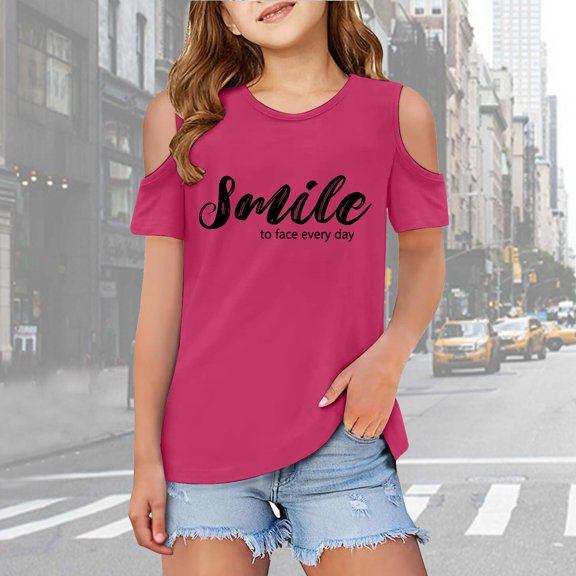Girls T Shirts Kids Letter Printed Short Sleeve T Shirts Cut-Out Design Crewneck Pullover Tops Trendy Clothes for Girls 9-10 Years