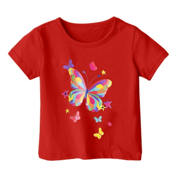 Girls T Shirts Kids Summer Boy and Girl Fashion Butterfly Print Round Neck Loose Short Sleeve T Shirt Top Baby Boy Summer Clothes Red 6 Years-7 Years