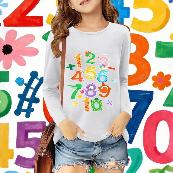 Girls T Shirts Kids Unisex Number Print Long Sleeve Pullover Sweater Casual Girls Clothes White 13-14 Years