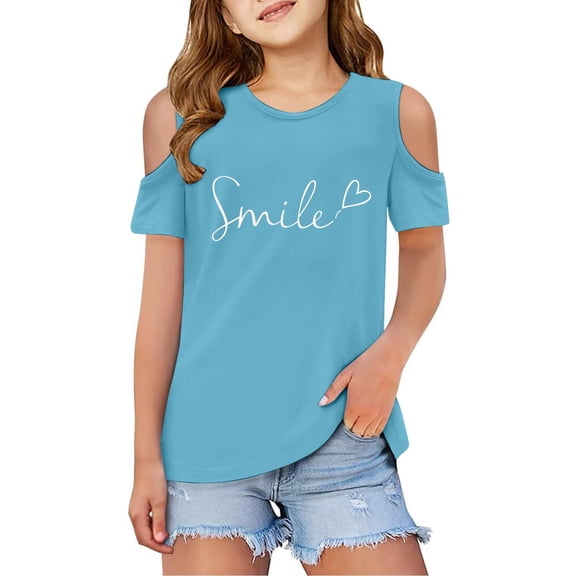 Girls T Shirts Letter Print Short Sleeve Shirts Shoulder Cut-Out Crewneck Pullover Tops Cute Tops for Girls 9-10 Years