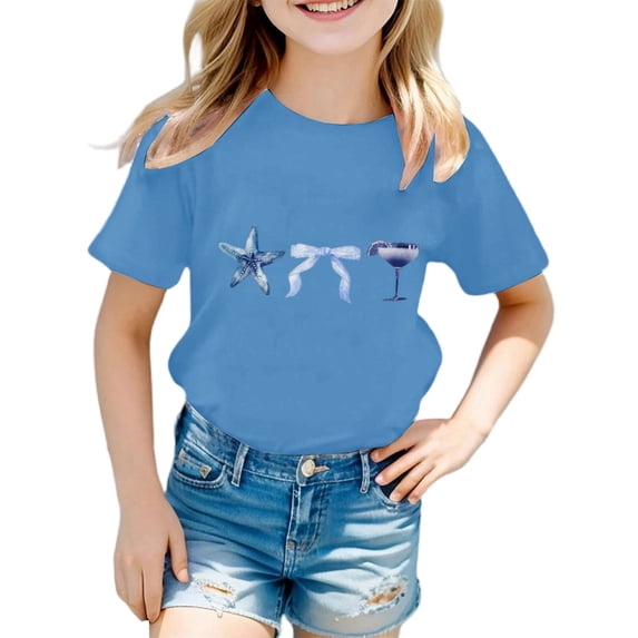 Girls T Shirts Ocean Animal Graphic Short Sleeve Crew Neck Summer Breathable Soft Trendy Blue Girls Tops Size 3-4 Y