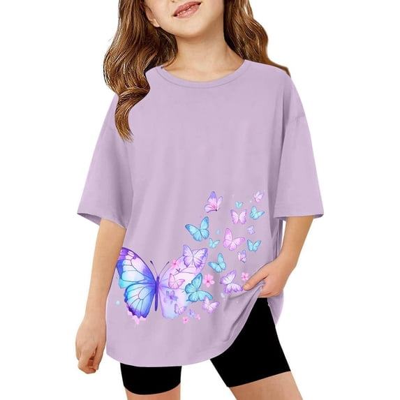 Girls T-Shirts Oversized Cute Butterfly Half Sleeve Tees Summer Short Sleeve Casual Tee Tops for Girls (Purple 12-13 Years)