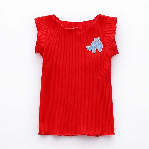 Girls T-Shirts Ribbed Knit Tops Lettuce Short Sleeve Shirts (Red 5-6 Years)