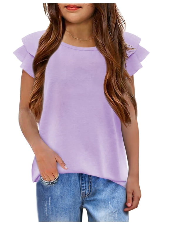 Girls T Shirts Ruffle Short Sleeve Round Neck Loose Blouse Summer Solid Color Casual Girl Tee Tops