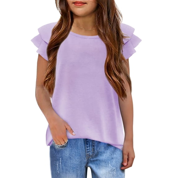 Girls T Shirts Ruffle Short Sleeve Round Neck Loose Blouse Summer Solid Color Casual Girl Tee Tops for 3-12 Years 120 lavender