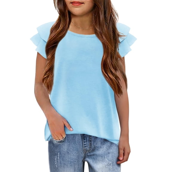 Girls T Shirts Ruffle Short Sleeve Round Neck Loose Blouse Summer Solid Color Casual Girl Tee Tops for 3-12 Years 140 Blue