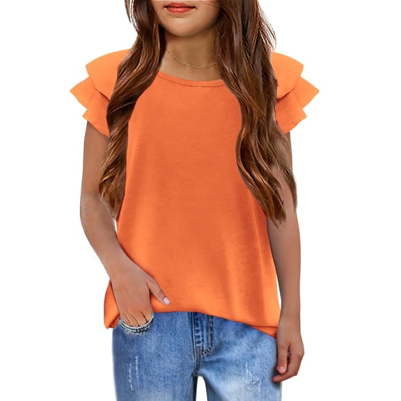 Girls T Shirts Ruffle Short Sleeve Round Neck Loose Blouse Summer Solid Color Casual Girl Tee Tops for 3-12 Years 140 Orange color