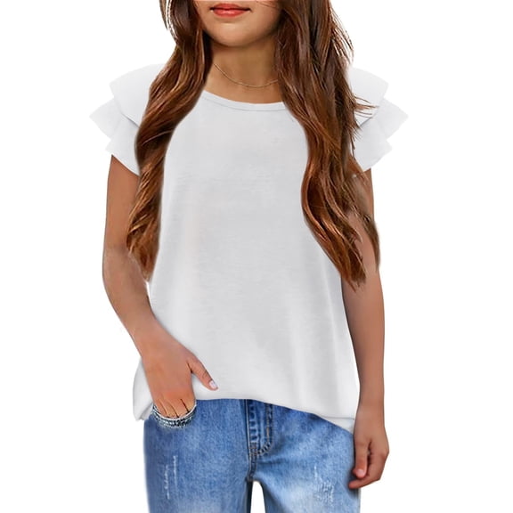 Girls T Shirts Ruffle Short Sleeve Round Neck Loose Blouse Summer Solid Color Casual Girl Tee Tops for 3-12 Years 160 White