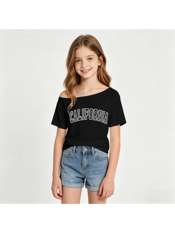 Girls T Shirts Short Sleeve Asymmetrical Neck Graphic Tees California City Letter Print Summer Stylish Tops Size 7-8Y