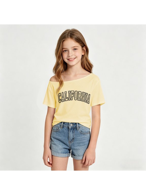 Girls T Shirts Short Sleeve Asymmetrical Neck Graphic Tees California City Letter Print Summer Stylish Tops Size 8-9Y