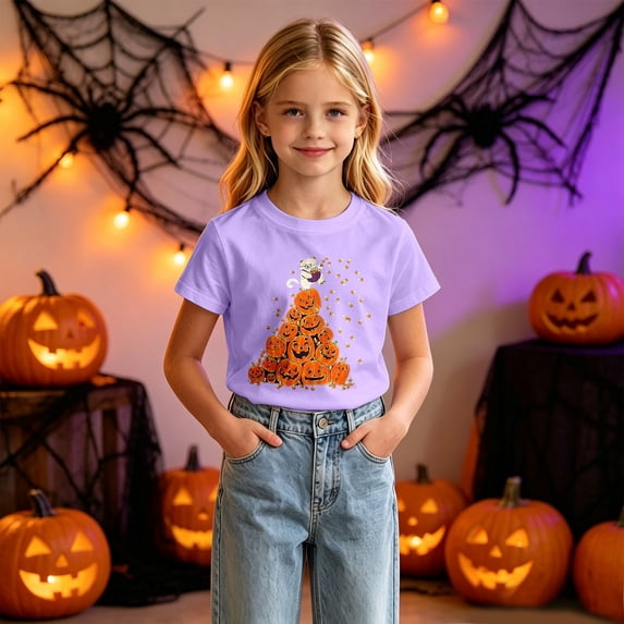 Girls T Shirts Short Sleeve Crew Neck Graphic Tees Halloween Print Cute Fun Casual T-Shirts for Girls Size 2-3Y