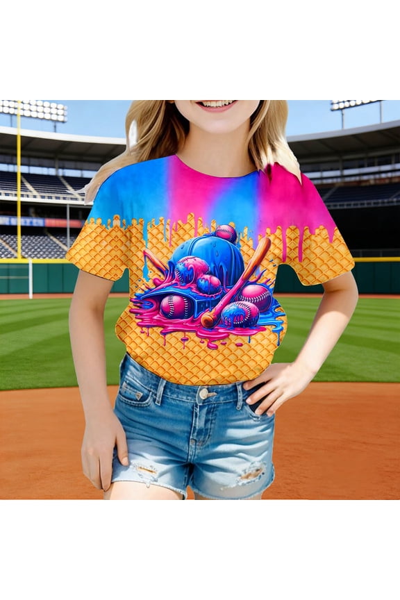 Girls T-Shirts Short Sleeve Crewneck Baseball Graphic Tees Sports Summer Casual T Shirts for Girls Size 3-4Y
