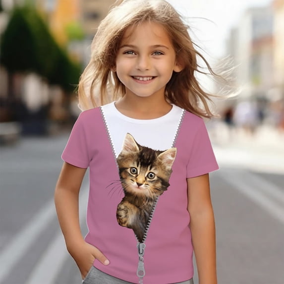 Girls T-Shirts Short Sleeve Crewneck Cute Cat Graphic Tees Summer Casual Comfortable T Shirts for Girls Size 3-4Y