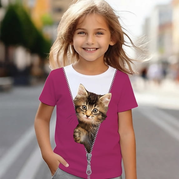 Girls T-Shirts Short Sleeve Crewneck Cute Cat Graphic Tees Summer Casual Comfortable T Shirts for Girls Size 6-7Y