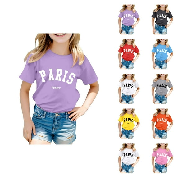 Girls T Shirts Short Sleeve Letter Printed Round Neck Solid Color Basic Tees Breathable Stretchy Soft Tops Comfortable Casual Loose Fit Stylish Shirts for Kids Everyday Wear and Outdoor