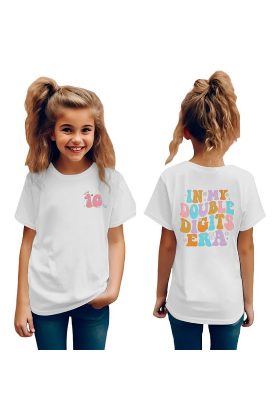 Girls T Shirts Short Sleeve Summer Clothes In My Double Digits Birthday 10 Year Old 10Th Birthday Ten Birthday Party Cute Graphic Tees For Girls Tops White 9-10 Years