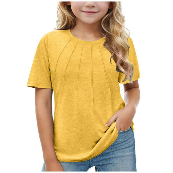 Girls T Shirts Short Sleeve Summer Pleated Crewneck Casual Tops Tees Blouses