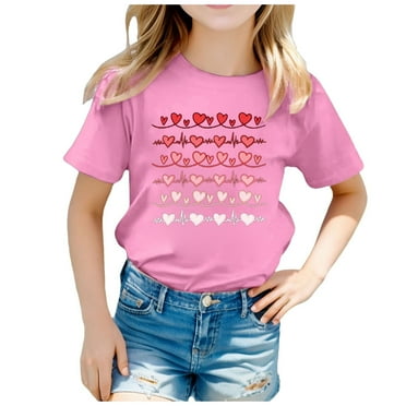 Girls T-Shirts Short Sleeve Valentine's Day Graphic Tees Crew Neck Comfy Tops Pink 3-4 Years