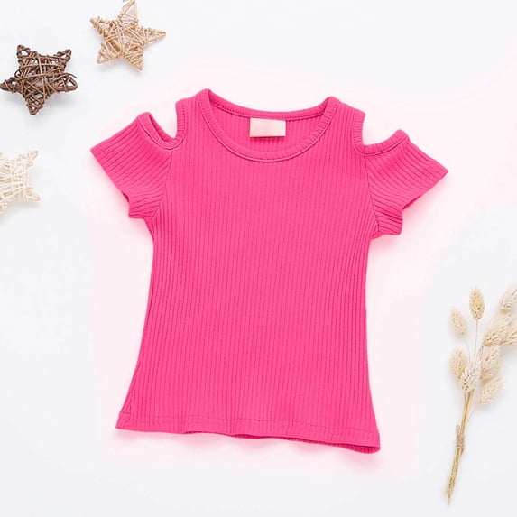 Girls' T-Shirts Off Shoulder Short Sleeve Tops Solid Color Basic Casual Tees Soft Lightweight Shirts For Summer Daily And Play Tees For Baby Girls Blouses Hot Pink 98/(3-4 Years)