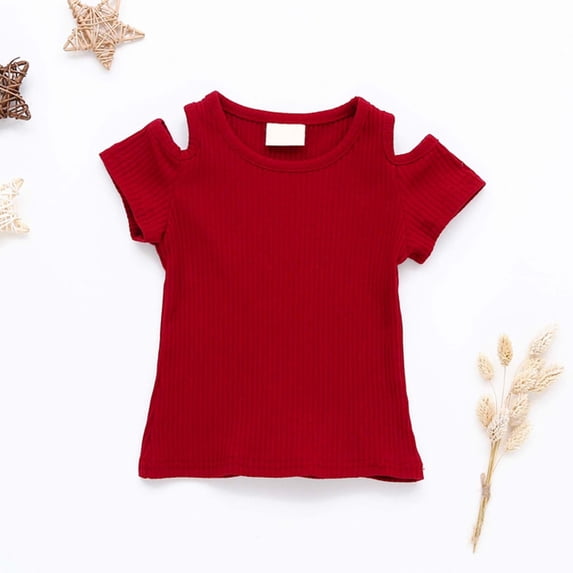 Girls' T-Shirts Off Shoulder Short Sleeve Tops Solid Color Basic Casual Tees Soft Lightweight Shirts For Summer Daily And Play Tees For Baby Girls Blouses Red 104/(4-5 Years)