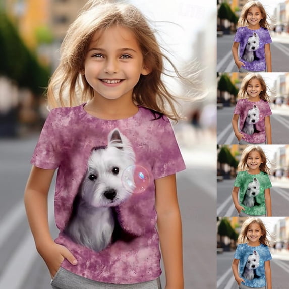 Girls T Shirts Size 3-4Y Kids Cartoon Puppy Print Short Sleeve Crew Neck Playful Top Tops for Girls