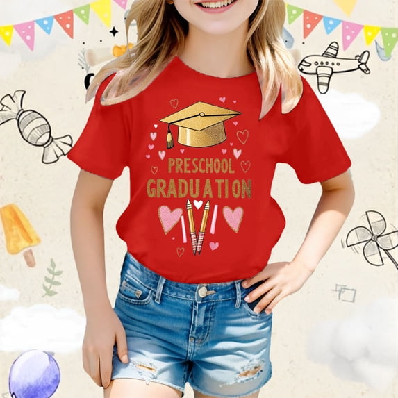 Girls T Shirts Size 4-5Y Casual Short Sleeve Crewneck Tee with Cute Cartoon Print Preschool Graduation Class of 2026 Gifts Kids Summer Top