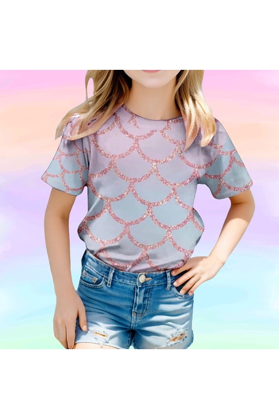 Girls T Shirts Size 5-6Y Kids Fish Scale Print Short Sleeve Round Neck Tee Sparkle Design Girls Clothes